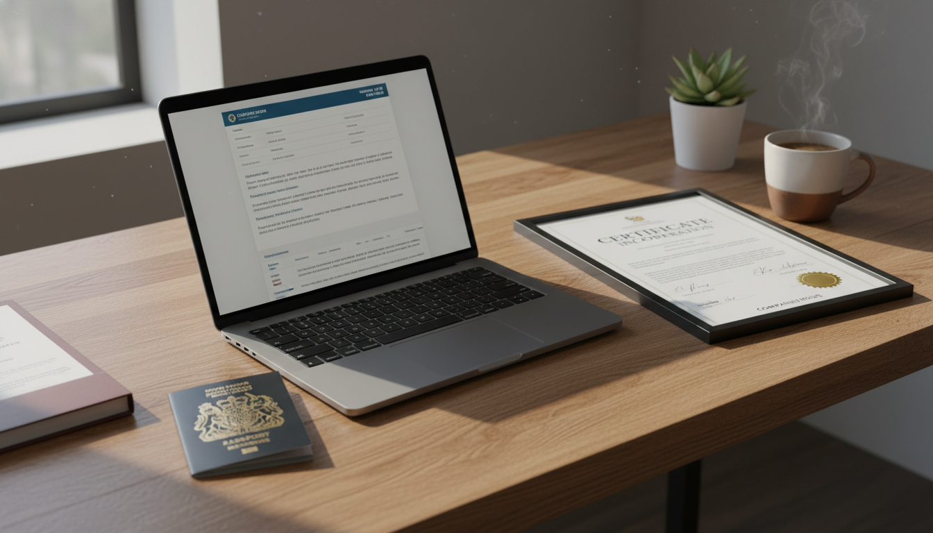 A detailed, photorealistic image of a modern wooden desk featuring a sleek laptop, a British passport, and an official-looking certificate of incorporation. There is a warm cup of coffee and a small green plant in the background, with soft morning sunlight streaming through a nearby window.