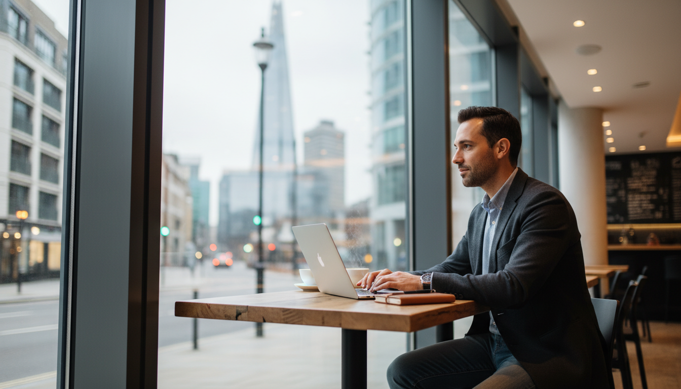 A professional but relaxed expat entrepreneur sitting in a modern London cafe with a laptop, looking out at the Shard through a large window, photorealistic, 8k resolution, cinematic lighting, soft bokeh background, high detail.