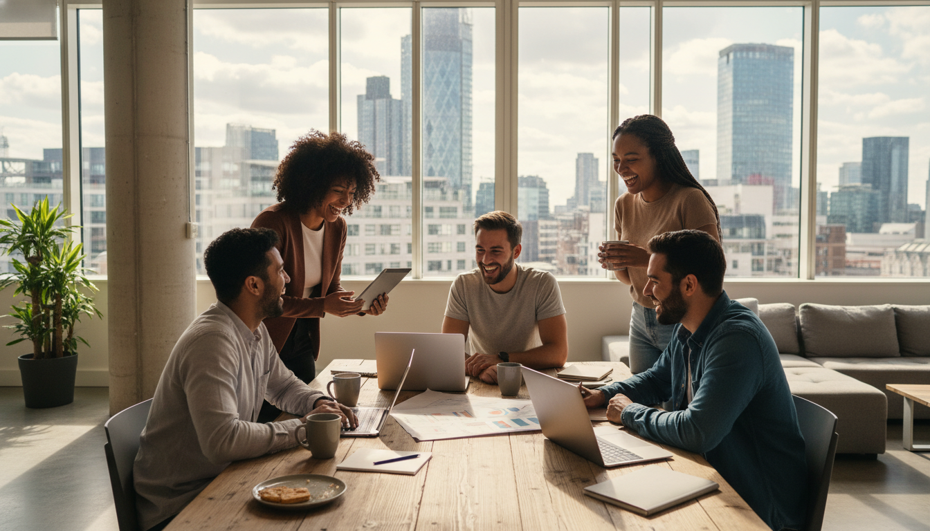 A diverse group of young entrepreneurs in a bright, modern London co-working space with large windows overlooking the Gherkin building and the London skyline. They are laughing and discussing a business plan over coffee and laptops. Fotorealistic, cinematic lighting, high resolution.