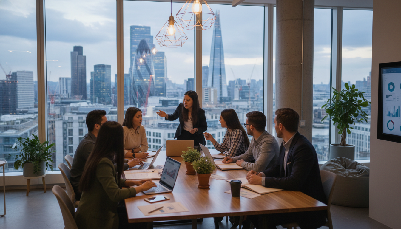 A diverse group of young entrepreneurs collaborating in a bright, modern co-working space in central London, with large windows showing the iconic city skyline in the background, photorealistic style, high resolution, soft natural lighting.