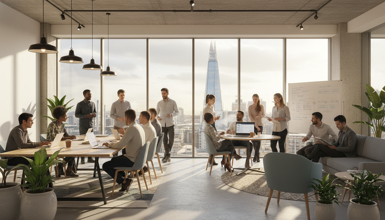 A bright and modern co-working space in central London with a diverse group of entrepreneurs collaborating, featuring a view of the Shard through a large glass window, high-quality photography, photorealistic style, warm natural lighting.