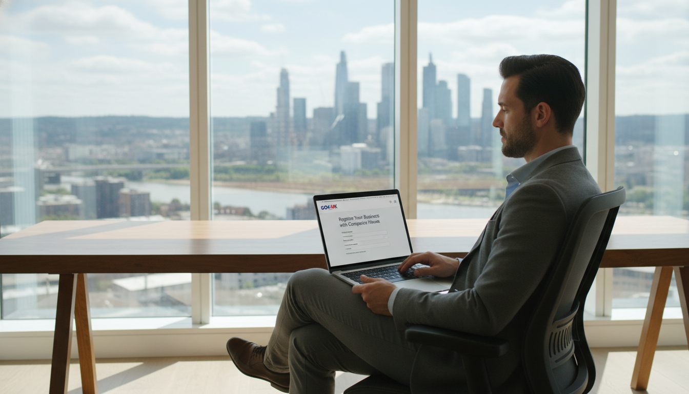 A professional person sitting in a bright modern home office with a view of a city skyline, holding a sleek laptop showing a UK government registration website, photorealistic, cinematic lighting, high resolution.