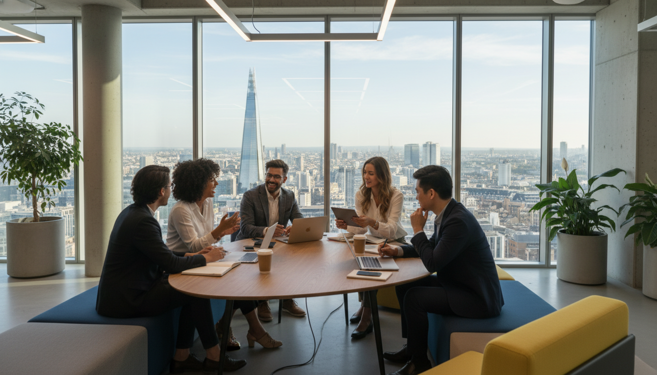 A diverse group of young professional entrepreneurs having a casual business meeting in a bright, modern co-working space in London with large windows overlooking the city skyline, sleek furniture, and a vibrant atmosphere, 8k resolution, photorealistic.