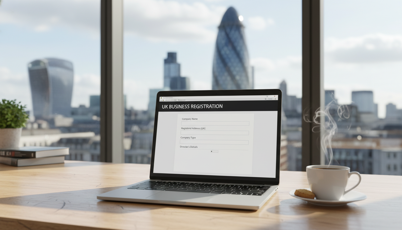 A photorealistic, high-quality shot of a modern laptop on a wooden desk in a bright London-style office. On the screen, a registration form for a UK company is visible. Next to the laptop is a steaming cup of coffee and a view of the London skyline with the Gherkin building in the background through a clean window.