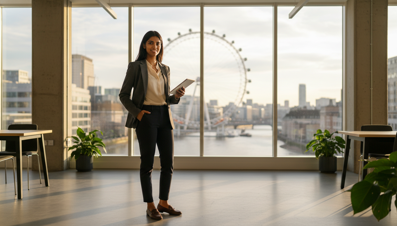 A photorealistic image of a young entrepreneur standing in a bright, modern co-working space in London. In the background, there is a blurred view of the London Eye and the Thames through a floor-to-ceiling window. The lighting is warm and natural, capturing a sense of ambition and modern city life. 8k resolution, cinematic quality.