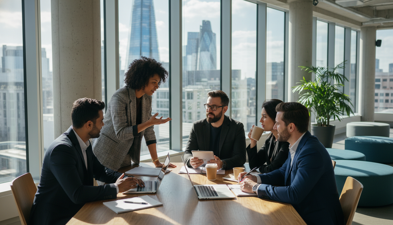 A high-resolution, photorealistic image of a diverse group of entrepreneurs in a modern, sunlit London co-working space, with the city skyline visible through large windows, discussing business plans over coffee and laptops.